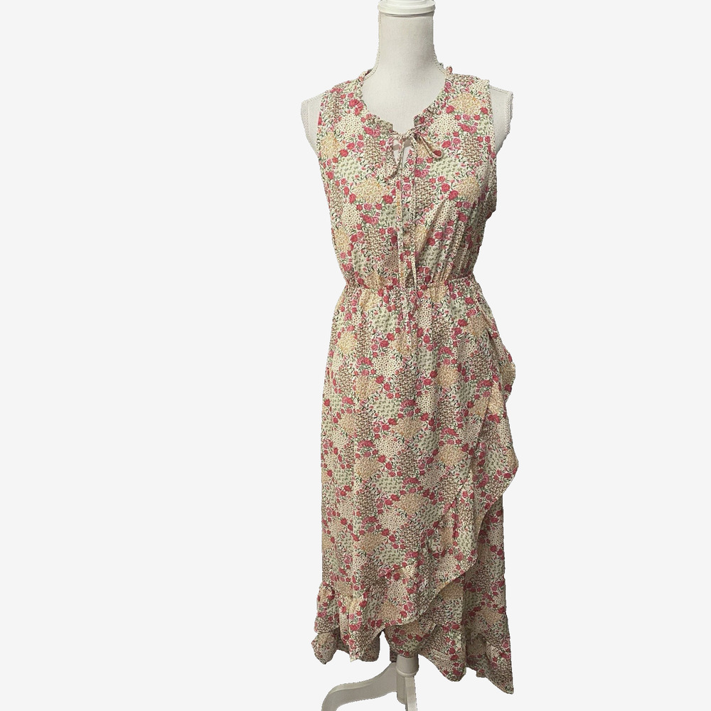 Umgee Sleeveless Layered Dress Sz M Cream Ditsy Floral Ruffle Hi-Low Cottagecore
